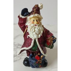 Santa Figurine Horn Gift Bag Presents Waving  Father Christmas Vtg Decor A9